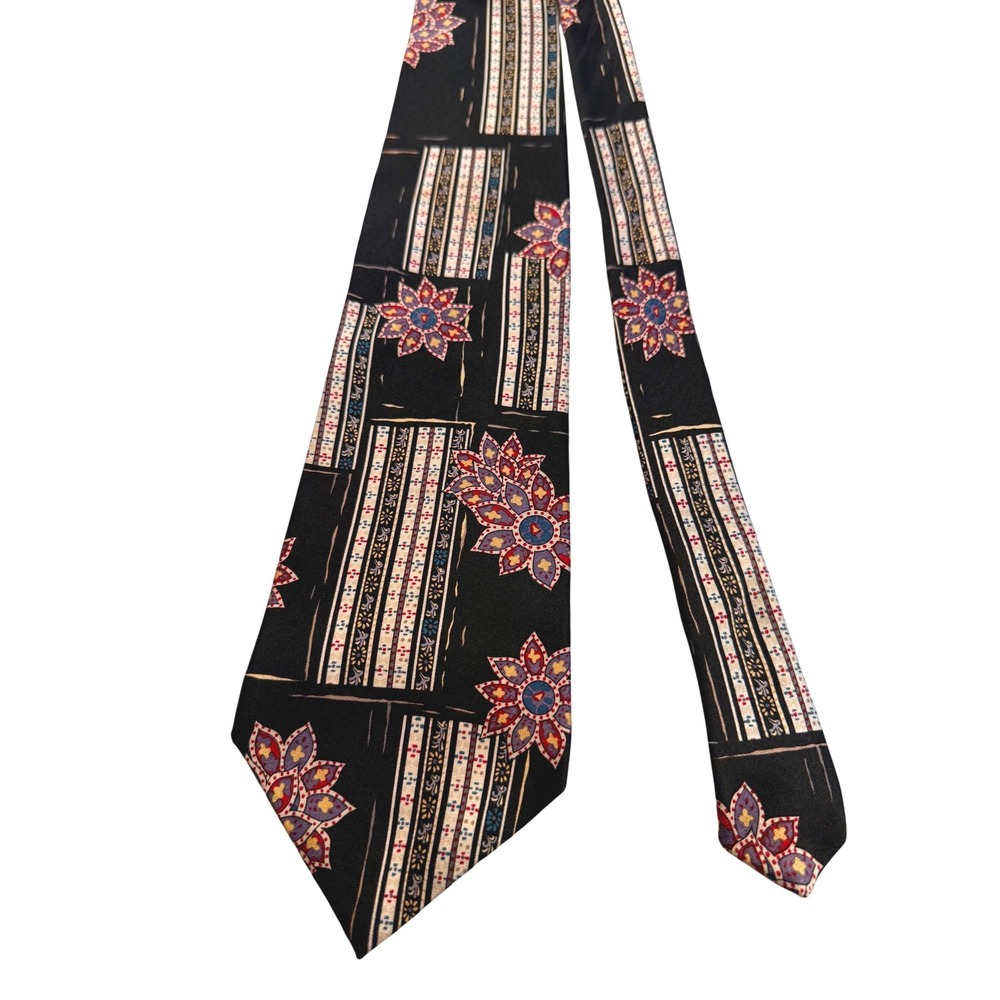 Oscar de la Renta Necktie Men OS Black Floral Geometric Silk Vintage Formal Tie